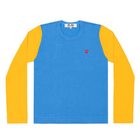 Play Comme des Garçons Bi-Color Series Longsleeve -  Blue Yellow / Small Red Heart Emblem