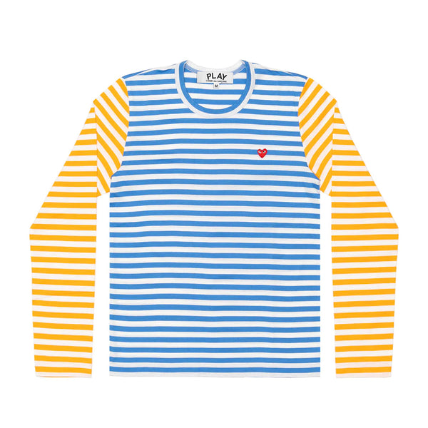 Play Comme des Garçons Bi-Color Striped Series Longsleeve -  Blue Yellow / Small Red Heart Emblem