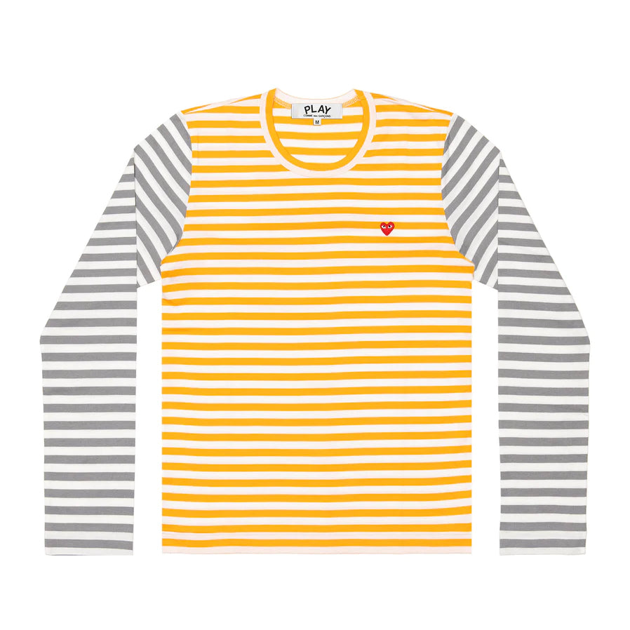 Play Comme des Garcons Bi Color Striped Small Red Heart Long sleeved T shirt
