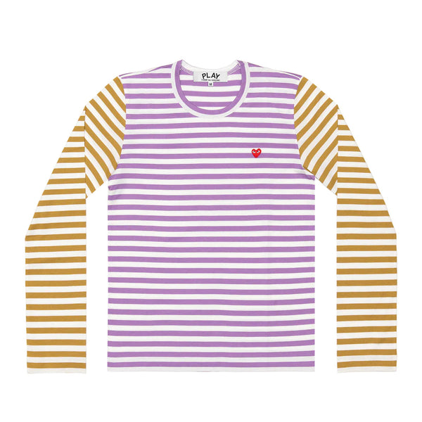 Play Comme des Garçons Bi-Color Striped Series Longsleeve - Purple Olive / Small Red Heart Emblem