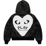 COMME des GARÇONS PLAY quilted hooded jacket, back view with large white heart print