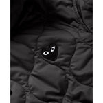 COMME des GARÇONS PLAY quilted hooded jacket, close up with black heart embroidery