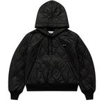 COMME des GARÇONS PLAY quilted hooded jacket in black with black heart logo, front view