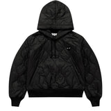 COMME des GARÇONS PLAY quilted hooded jacket in black with black heart logo, front view