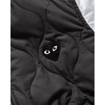 COMME des GARÇONS PLAY varsity jacket, close up with black heart embroidery
