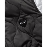 COMME des GARÇONS PLAY varsity jacket, close up with black heart embroidery