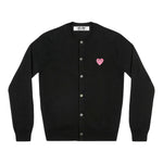 COMME des GARÇONS PLAY black wool cardigan with small pink heart logo, front view