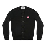 COMME des GARÇONS PLAY black wool cardigan with small pink heart logo, front view