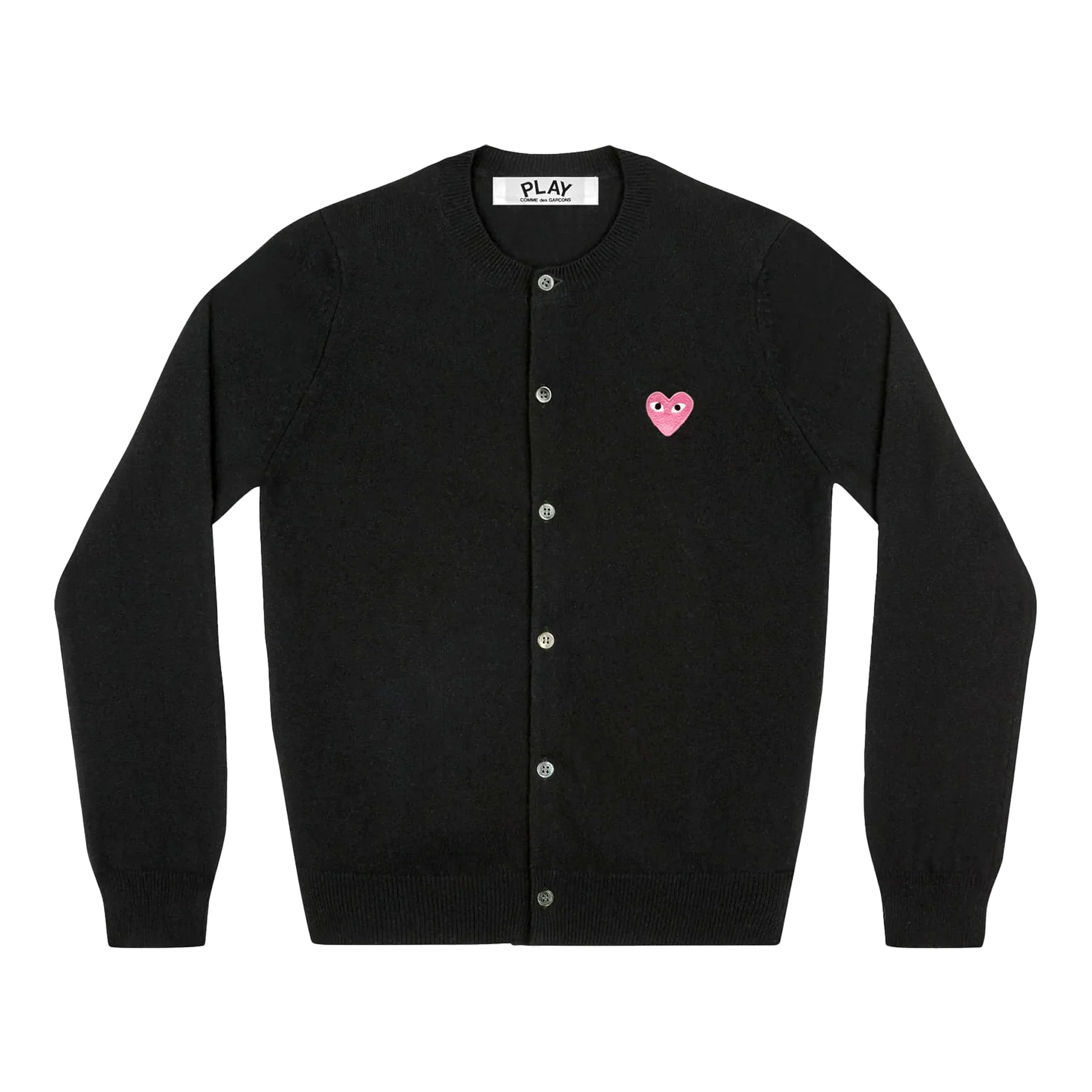 COMME des GARÇONS PLAY black wool cardigan with small pink heart logo, front view