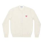 COMME des GARÇONS PLAY white wool cardigan with small pink heart logo, front view