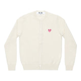 COMME des GARÇONS PLAY white wool cardigan with small pink heart logo, front view