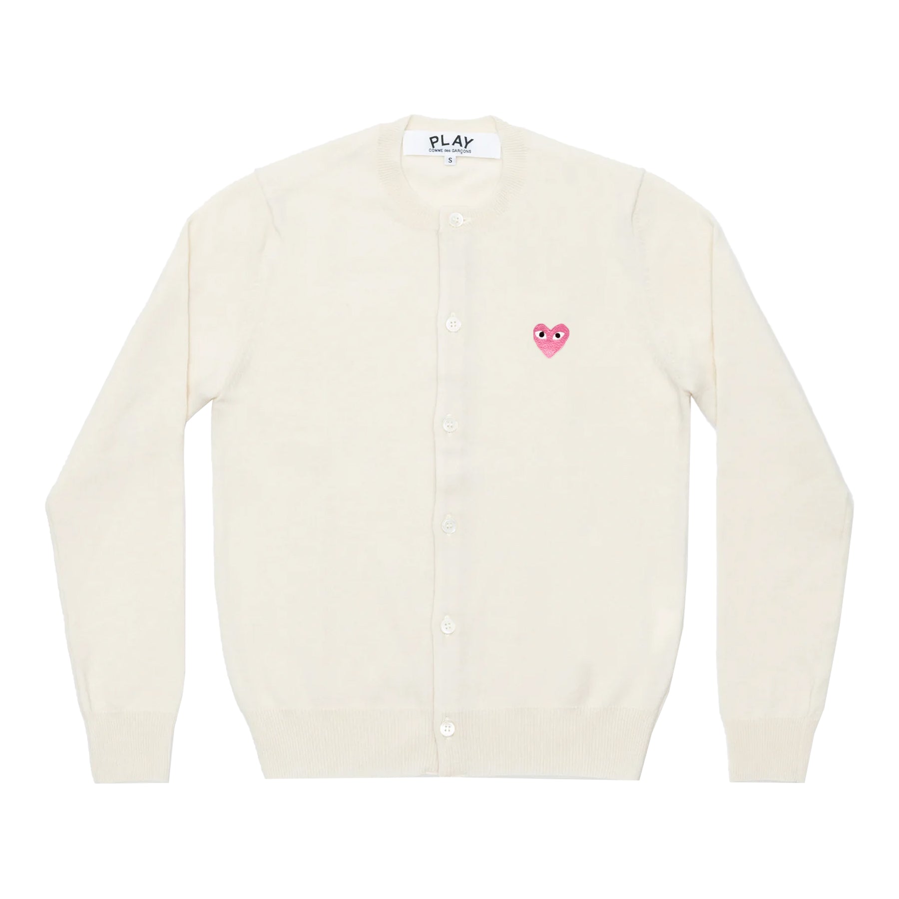COMME des GARÇONS PLAY white wool cardigan with small pink heart logo, front view
