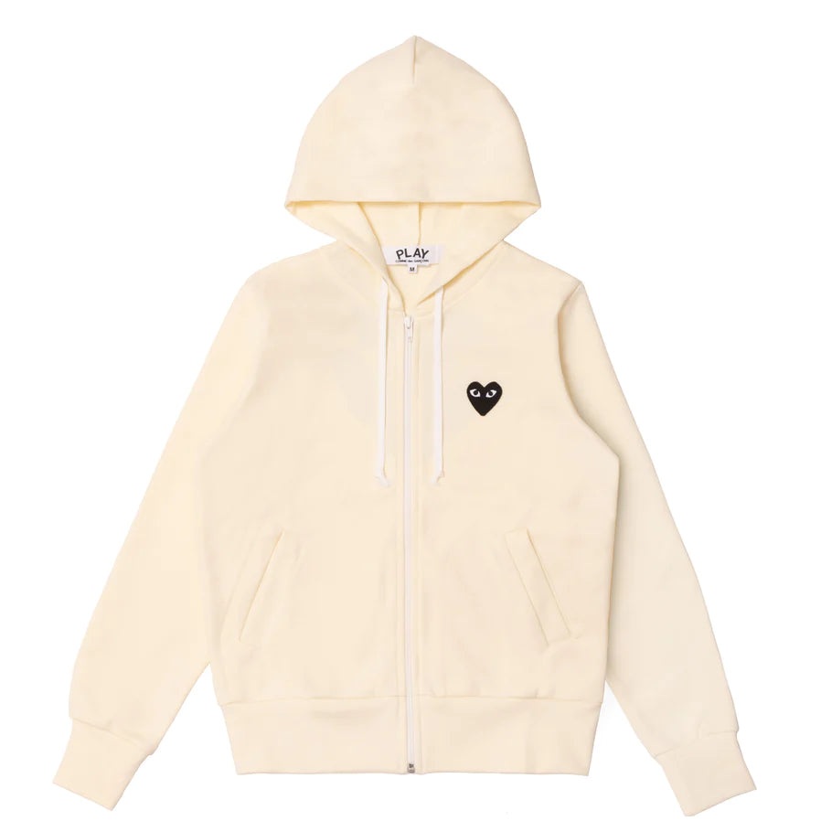 Comme des Garçons PLAY zip hoodie in ivory with black heart logo detail front