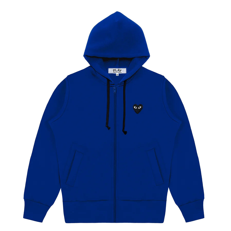 Comme des Garçons PLAY zip hoodie in blue with black heart logo detail front