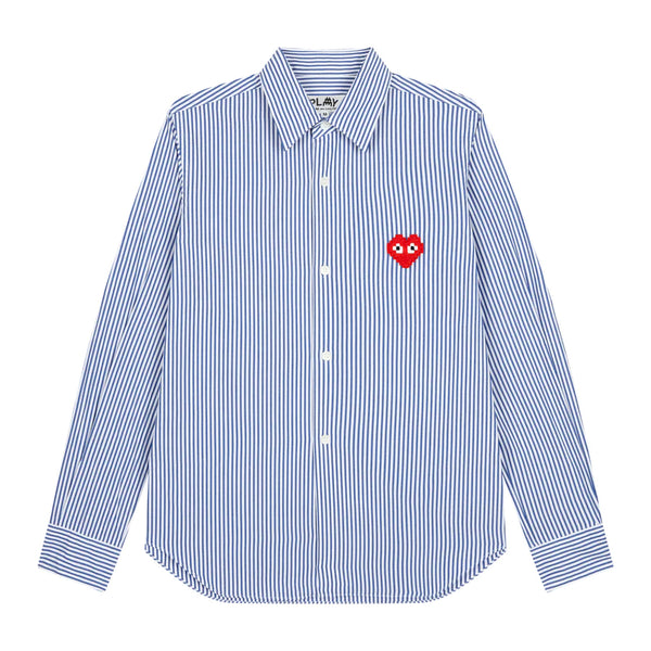 Play Comme des Garçons Shirt - White Blue Striped / Red Pixelated Heart Emblem