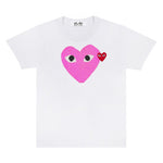Comme des Garçons PLAY t-shirt in white with red heart logo on printed pink heart detail front