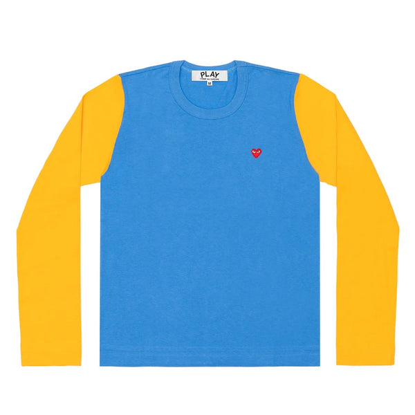 Play Comme des Garçons Bi-Color Series Longsleeve -  Blue Yellow / Small Red Heart Emblem