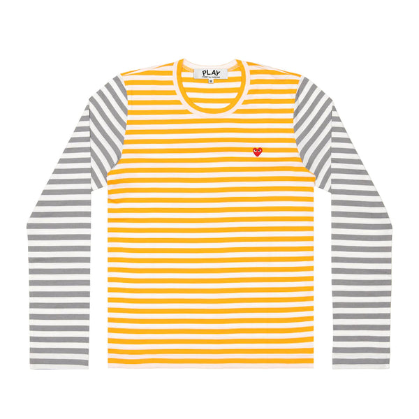 Play Comme des Garçons Bi-Color Striped Series Longsleeve -  Yellow Grey / Small Red Heart Emblem