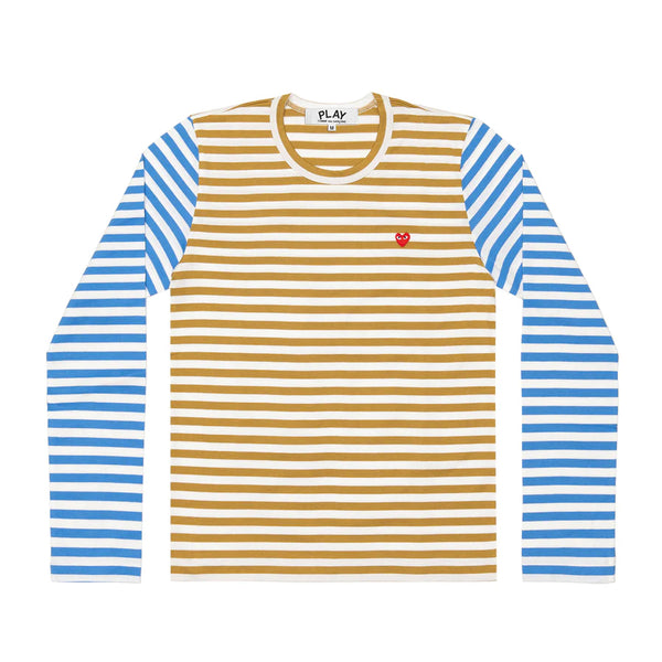 Play Comme des Garçons Bi-Color Striped Series Longsleeve -  Olive Blue / Small Red Heart Emblem