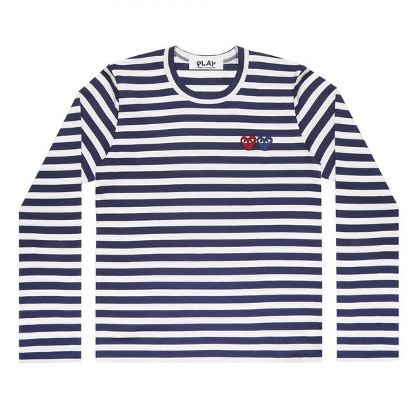 Play Comme des Garçons Striped Longsleeve - Navy / Double Heart Emblem