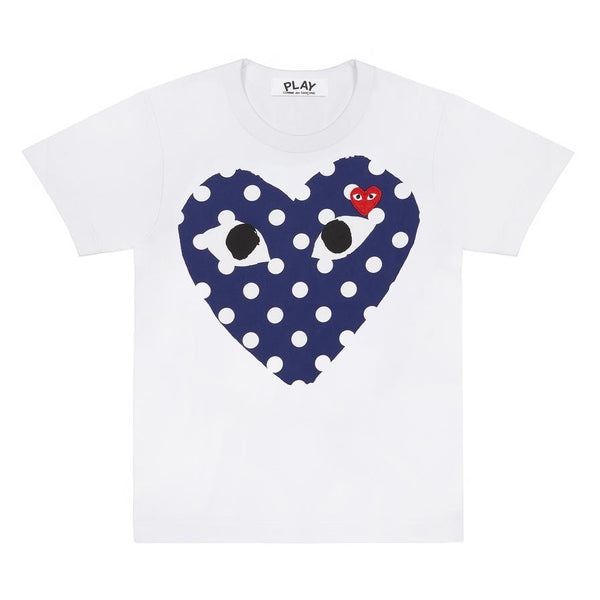 Play Comme des Garçons Blue Polka Dot Heart T-Shirt - White / Red Heart Emblem