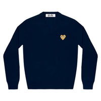Play Comme des Garçons V-neck sweater - Navy / Golden Heart Emblem